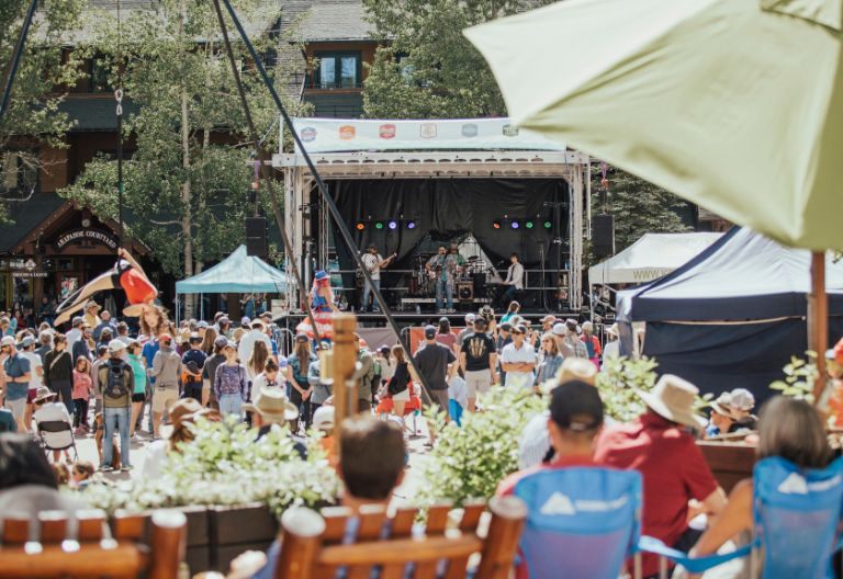 Crowd enjoying live music on the stage at River Run Village, Keystone